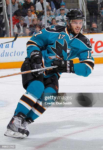 Torrey Mitchell of the San Jose Sharks looks to make a play in Game Two of the Western Conference Semifinals during the 2010 NHL Stanley Cup Playoffs...