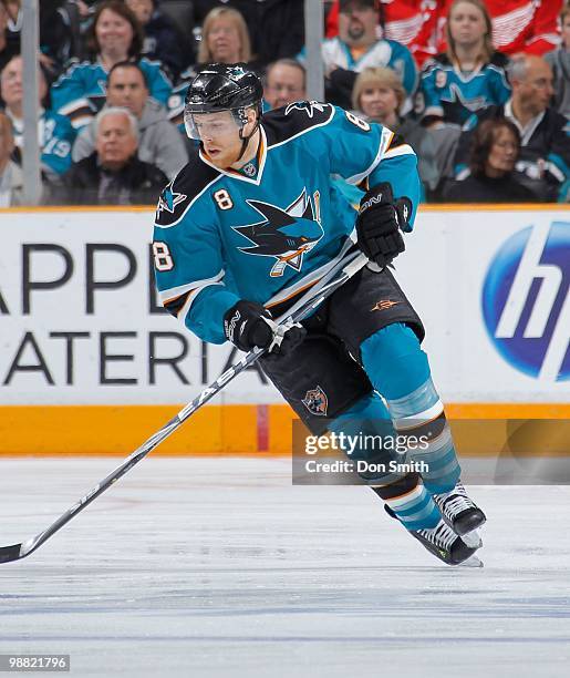 Joe Pavelski of the San Jose Sharks skates up ice with the puck in Game Two of the Western Conference Semifinals during the 2010 NHL Stanley Cup...