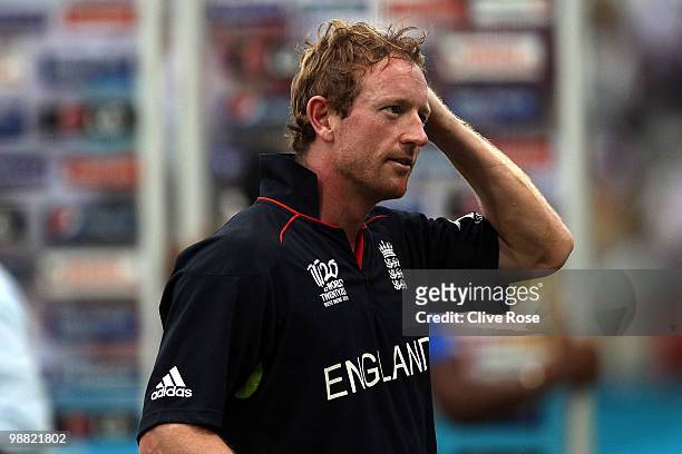 Paul Collingwood of England leaves the field after England lose the ICC T20 World Cup Group D match between West Indies and England at the Guyana...