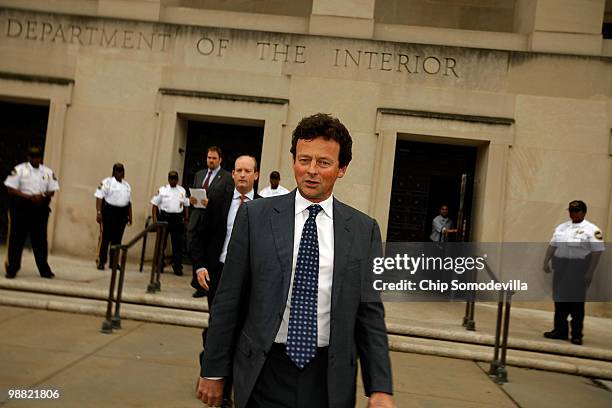 Anthony Hayward and BP America Chairman Lamar McKay leave the U.S. Department of the Interior May 3, 2010 in Washington, DC. Hayward and other BP...