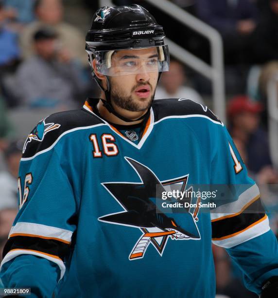 Devin Setoguchi of the San Jose Sharks looks on in Game Two of the Western Conference Semifinals during the 2010 NHL Stanley Cup Playoffs against the...