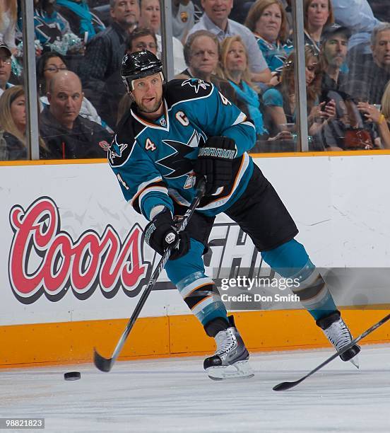 Rob Blake of the San Jose Sharks looks to make a pass in Game Two of the Western Conference Semifinals during the 2010 NHL Stanley Cup Playoffs...