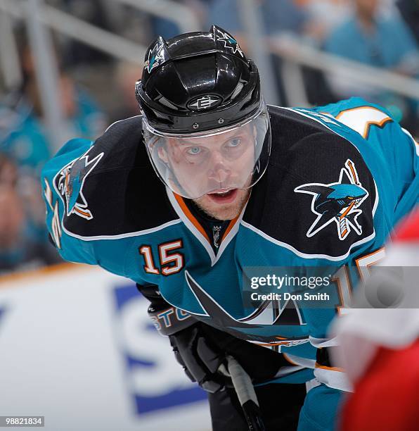 Dany Heatley of the San Jose Sharks waits for a faceoff in Game Two of the Western Conference Semifinals during the 2010 NHL Stanley Cup Playoffs...