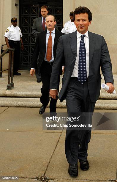 Anthony Hayward followed by BP America Chairman Lamar McKay leave the U.S. Department of the Interior May 3, 2010 in Washington, DC. Hayward and...