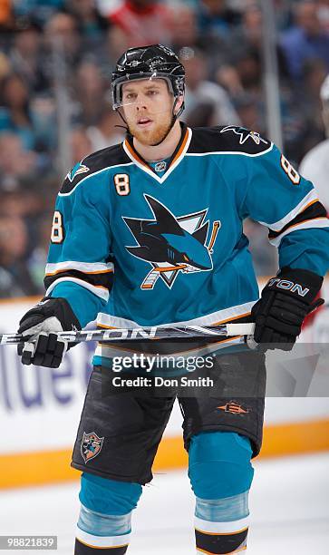 Joe Pavelski of the San Jose Sharks waits for play to begin in Game Two of the Western Conference Semifinals during the 2010 NHL Stanley Cup Playoffs...