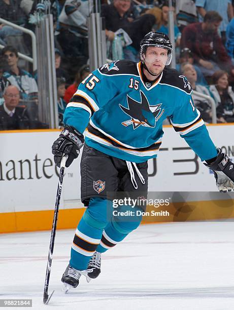 Dany Heatley of the San Jose Sharks skates up ice in Game Two of the Western Conference Semifinals during the 2010 NHL Stanley Cup Playoffs against...