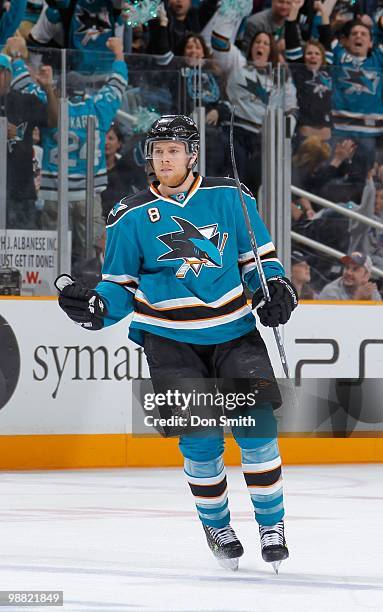 Joe Pavelski of the San Jose Sharks celebrates his goal in Game Two of the Western Conference Semifinals during the 2010 NHL Stanley Cup Playoffs...