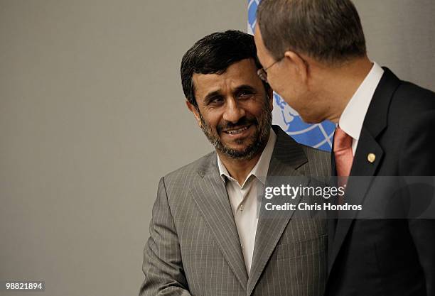 Iranian president Mahmoud Ahmadinejad shakes hands with United Nations Secretary General Ban Ki-Moon during a meeting during the Nuclear Non-...