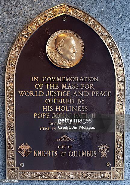 The plaque commemorating Pope John Paul II visit to Yankee stadium is seen in Monument Park prior to the game between the New York Yankees and the...