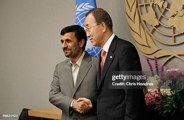 Iranian president Mahmoud Ahmadinejad shakes hands with United Nations Secretary General Ban Ki-Moon during a meeting during the Nuclear Non-...