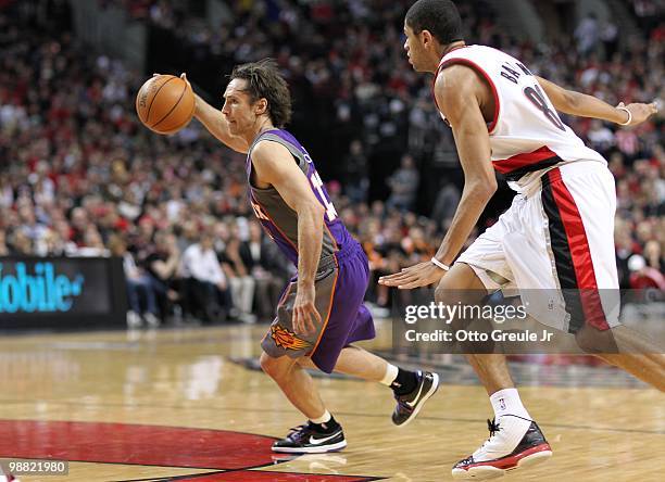 Steve Nash of the Phoenix Suns in action against Nicolas Batum of the Portland Trail Blazers during Game Six of the Western Conference Quarterfinals...