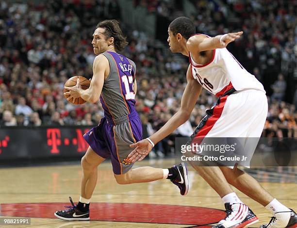 Steve Nash of the Phoenix Suns in action against Nicolas Batum of the Portland Trail Blazers during Game Six of the Western Conference Quarterfinals...