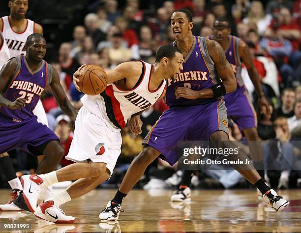 Brandon Roy of the Portland Trail Blazers in action against Channing Frye of the Phoenix Suns during Game Six of the Western Conference Quarterfinals...