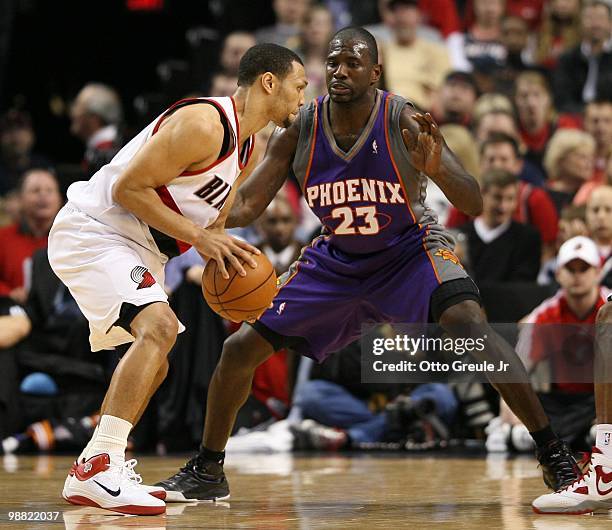 Brandon Roy of the Portland Trail Blazers in action against Jason Richardson of the Phoenix Suns during Game Six of the Western Conference...