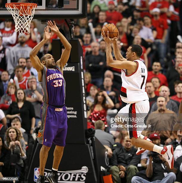 Brandon Roy of the Portland Trail Blazers in action against Grant Hill of the Phoenix Suns during Game Six of the Western Conference Quarterfinals of...
