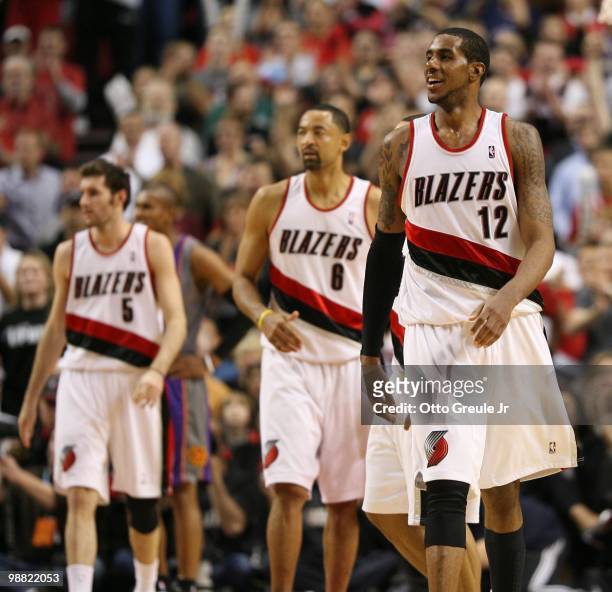 LaMarcus Aldridge of the Portland Trail Blazers looks on against the Phoenix Suns during Game Six of the Western Conference Quarterfinals of the NBA...