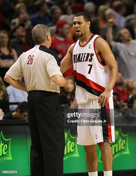 Brandon Roy of the Portland Trail Blazers talks to the ref against the Phoenix Suns during Game Six of the Western Conference Quarterfinals of the...