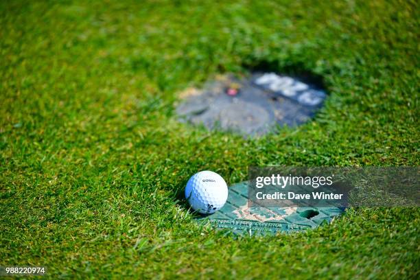 The ball of Ricardo GOUVEIA of Portugal lands on a drainage feature during the HNA French Open on June 30, 2018 in Saint-Quentin-en-Yvelines, France.