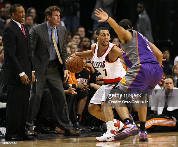 Brandon Roy of the Portland Trail Blazers in action against Jared Dudley of the Phoenix Suns during Game Six of the Western Conference Quarterfinals...
