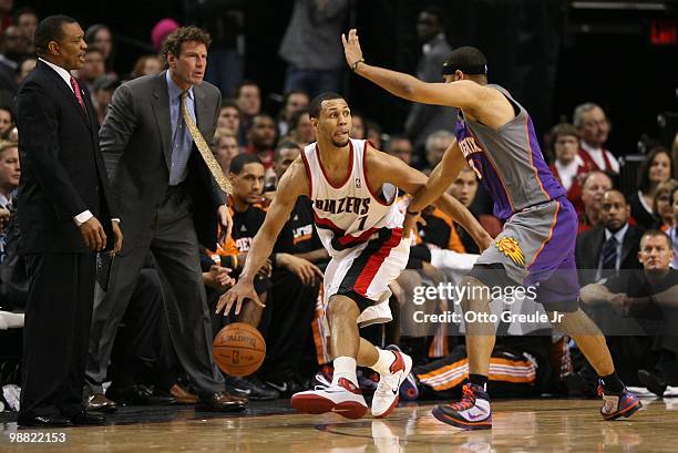 Brandon Roy of the Portland Trail Blazers in action against Jared Dudley of the Phoenix Suns during Game Six of the Western Conference Quarterfinals...