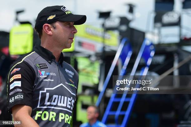 Crew chief, Chad Knaus, stands in the garage area during practice for the Monster Energy NASCAR Cup Series Overton's 400 at Chicagoland Speedway on...