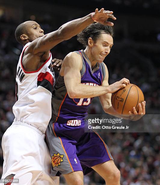 Steve Nash of the Phoenix Suns in action against Dante Cunningham of the Portland Trail Blazers during Game Six of the Western Conference...