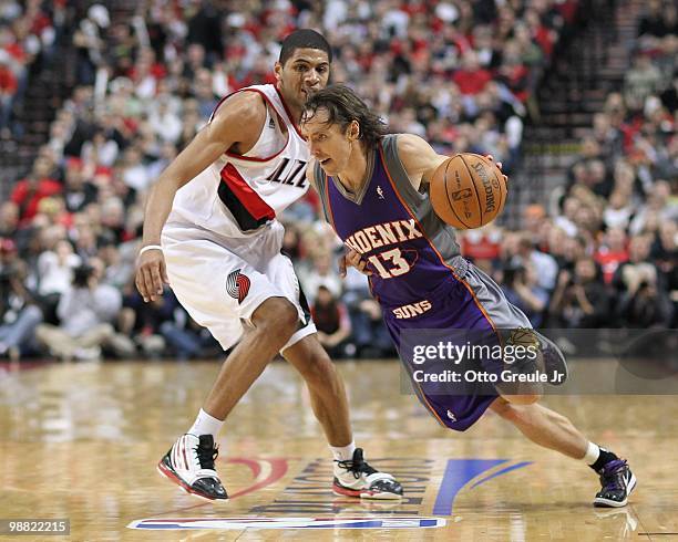 Steve Nash of the Phoenix Suns in action against Nicolas Batum of the Portland Trail Blazers during Game Six of the Western Conference Quarterfinals...