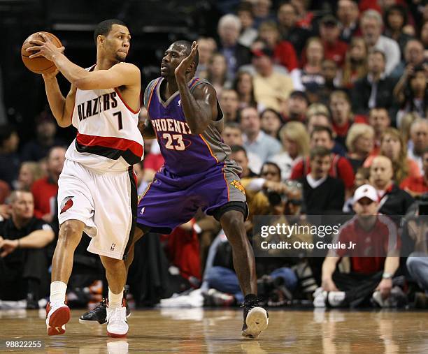 Brandon Roy of the Portland Trail Blazers in action against Jason Richardson of the Phoenix Suns during Game Six of the Western Conference...