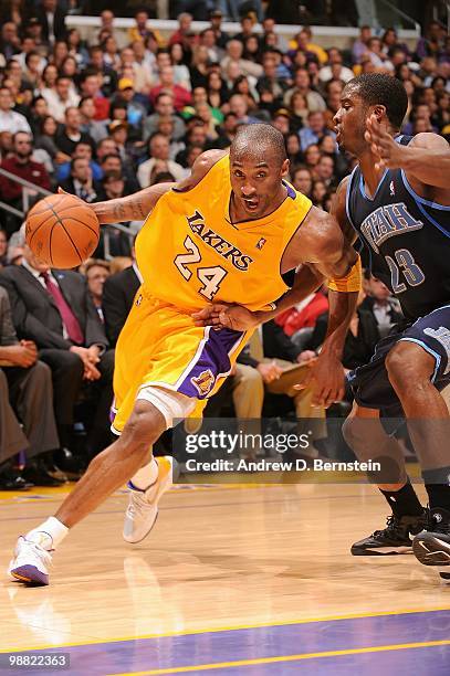 Kobe Bryant of the Los Angeles Lakers drives against Wesley Matthews of the Utah Jazz during the game on April 2, 2010 at Staples Center in Los...