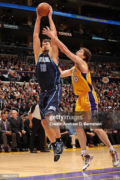 Mehmet Okur of the Utah Jazz grabs the rebound against Pau Gasol of the Los Angeles Lakers during the game on April 2, 2010 at Staples Center in Los...