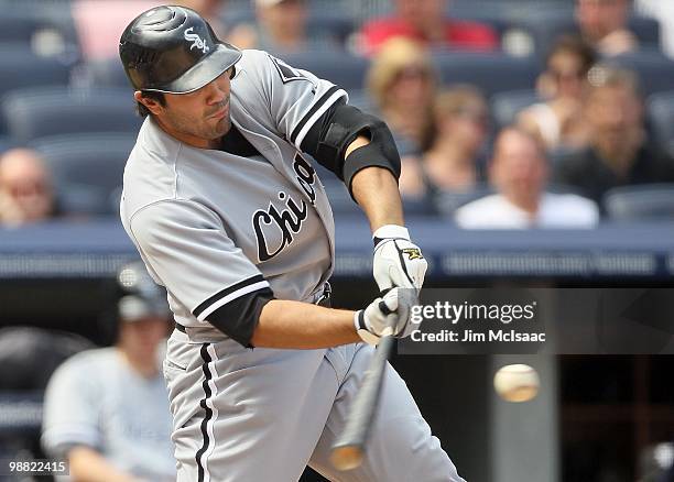 Carlos Quentin of the Chicago White Sox bats against the New York Yankees on May 2, 2010 at Yankee Stadium in the Bronx borough of New York City. The...