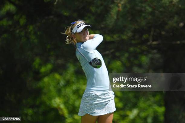 Jessica Korda hits her tee shot on the second hole during the third round of the KPMG Women's PGA Championship at Kemper Lakes Golf Club on June 30,...