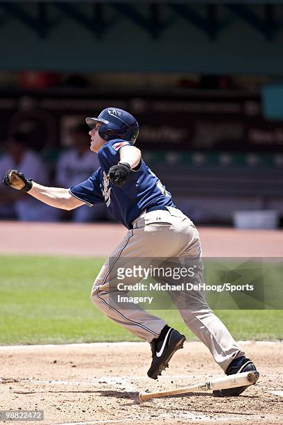 David Eckstein of the San Diego Padres runs to first base during a MLB game against the Florida Marlins in Sun Life Stadium on April 28, 2010 in...