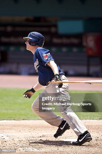 David Eckstein of the San Diego Padres runs to first base during a MLB game against the Florida Marlins in Sun Life Stadium on April 28, 2010 in...