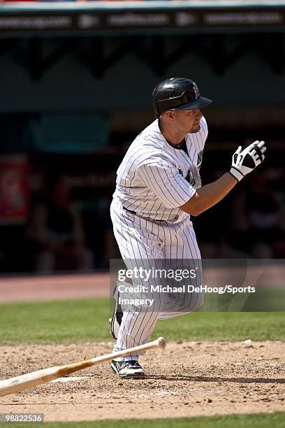 Cody Ross of the Florida Marlins runs to first base during a MLB game against the San Diego Padres in Sun Life Stadium on April 28, 2010 in Miami,...
