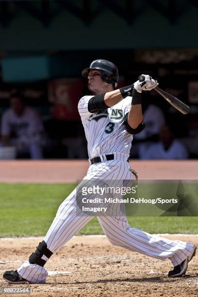 Jorge Cantu of the Florida Marlins bats during a MLB game against the San Diego Padres in Sun Life Stadium on April 28, 2010 in Miami, Florida....