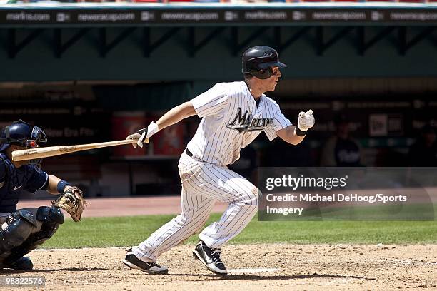 Chris Coghlan of the Florida Marlins bats during a MLB game against the San Diego Padres in Sun Life Stadium on April 28, 2010 in Miami, Florida....