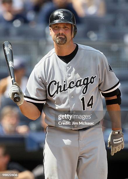 Paul Konerko of the Chicago White Sox bats against the New York Yankees on May 2, 2010 at Yankee Stadium in the Bronx borough of New York City. The...