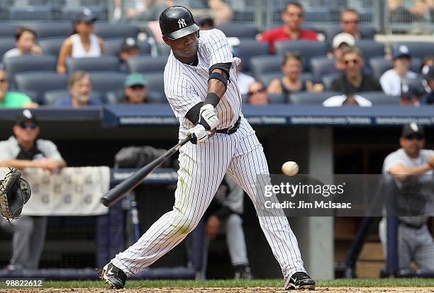 Marcus Thames of the New York Yankees bats against the Chicago White Sox on May 2, 2010 at Yankee Stadium in the Bronx borough of New York City. The...