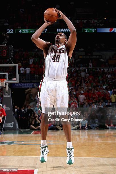 Kurt Thomas of the Milwaukee Bucks shoots in Game Six of the Eastern Conference Quarterfinals against the Atlanta Hawks during the 2010 NBA Playoffs...