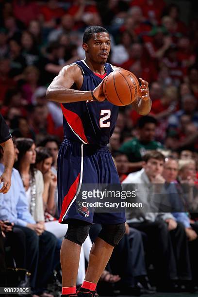Joe Johnson of the Atlanta Hawks inbounds the ball in Game Six of the Eastern Conference Quarterfinals against the Milwaukee Bucks during the 2010...