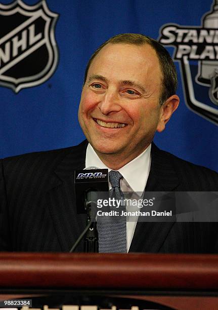 Commissioner Gary Bettman of the National Hockey League speaks at a press conference before the Chicago Blackhawks take on the Vancouver Canucks in...