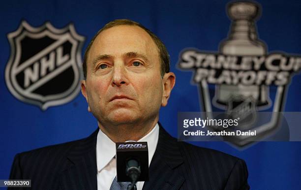 Commissioner Gary Bettman of the National Hockey League speaks at a press conference before the Chicago Blackhawks take on the Vancouver Canucks in...