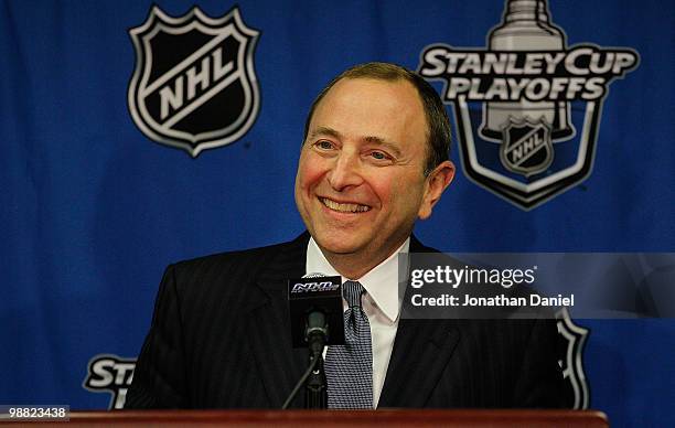 Commissioner Gary Bettman of the National Hockey League speaks at a press conference before the Chicago Blackhawks take on the Vancouver Canucks in...