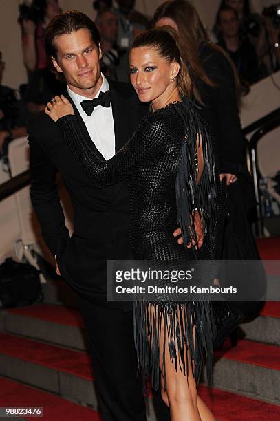 Football player Tom Brady and model Gisele Bundchen attend the Costume Institute Gala Benefit to celebrate the opening of the "American Woman:...
