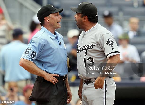 Manager Ozzie Guillen of the Chicago White Sox argues with home plate umpire Dan Iassogna during the game against the New York Yankees on May 2, 2010...