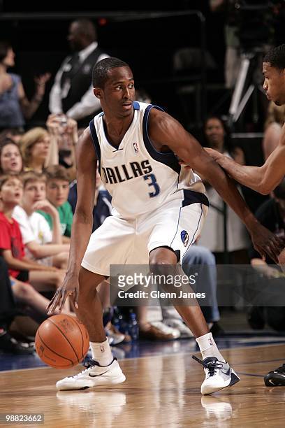 Rodrigue Beaubois of the Dallas Mavericks looks to make a move during the game against the San Antonio Spurs at American Airlines Center on April 14,...