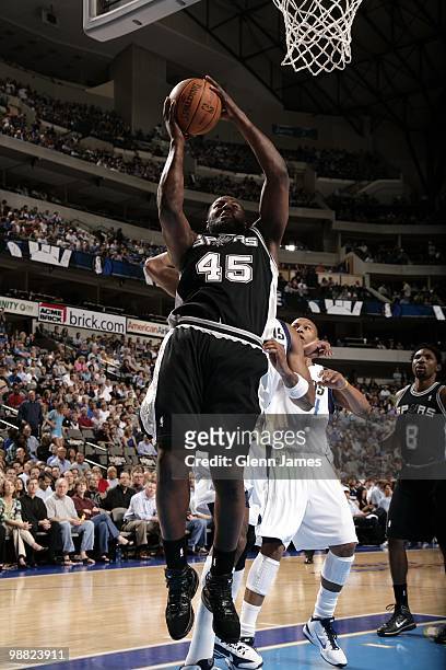 DeJuan Blair of the San Antonio Spurs goes up for a shot during the game against the Dallas Mavericks at American Airlines Center on April 14, 2010...