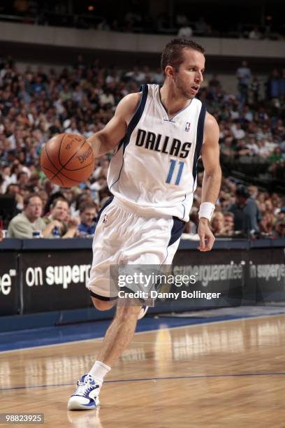 Jose Barea of the Dallas Mavericks moves the ball up court during the game against the San Antonio Spurs at American Airlines Center on April 14,...