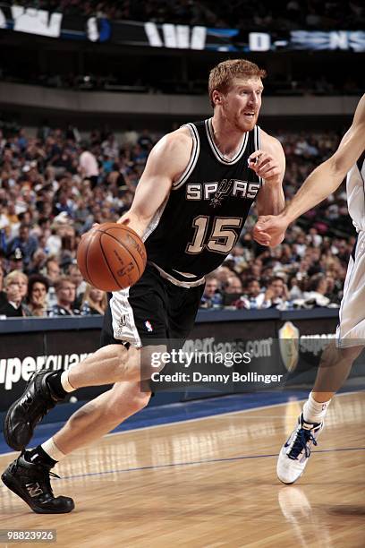 Matt Bonner of the San Antonio Spurs drives to the basket during the game against the Dallas Mavericks at American Airlines Center on April 14, 2010...